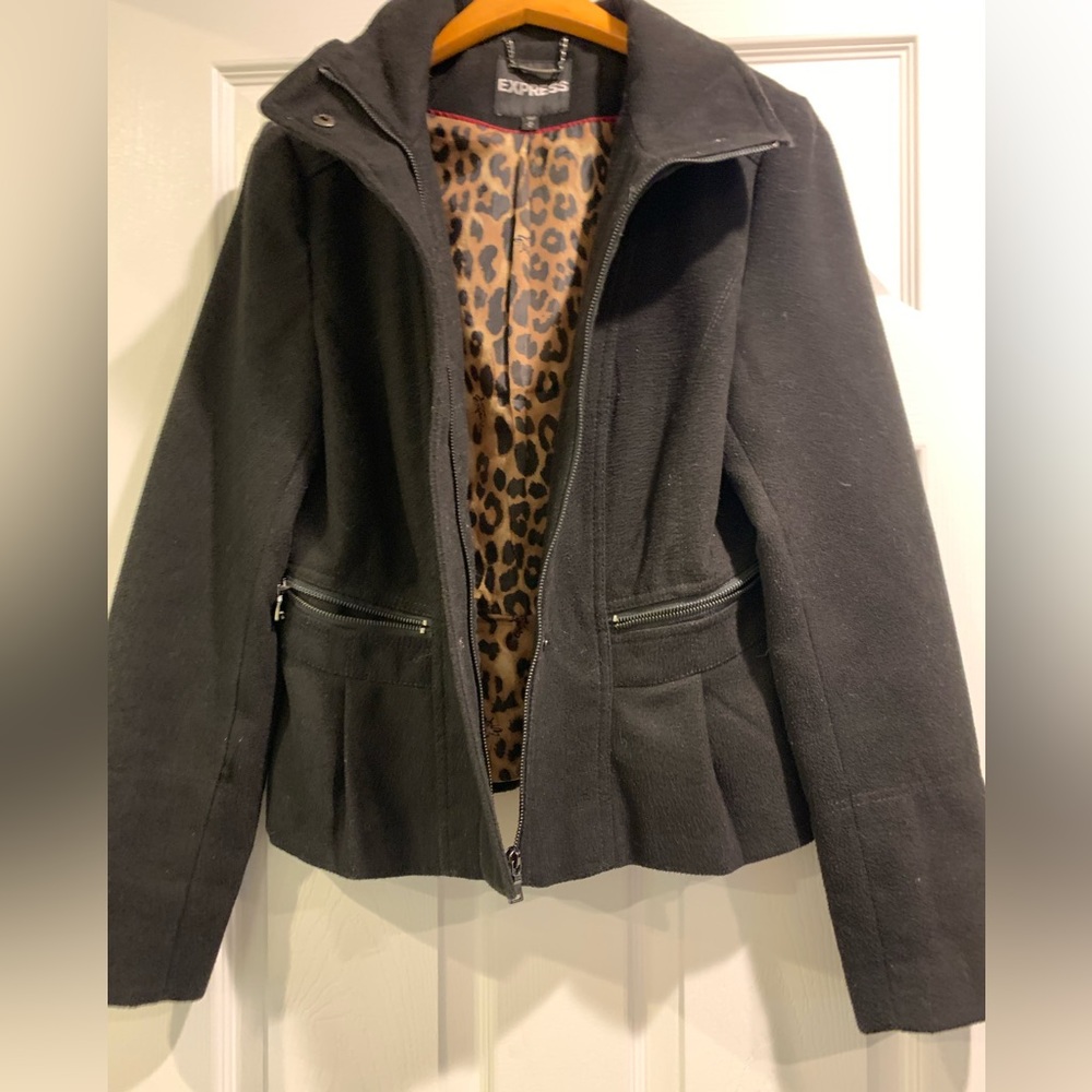 Black Zip-Up Jacket with Leopard Lining